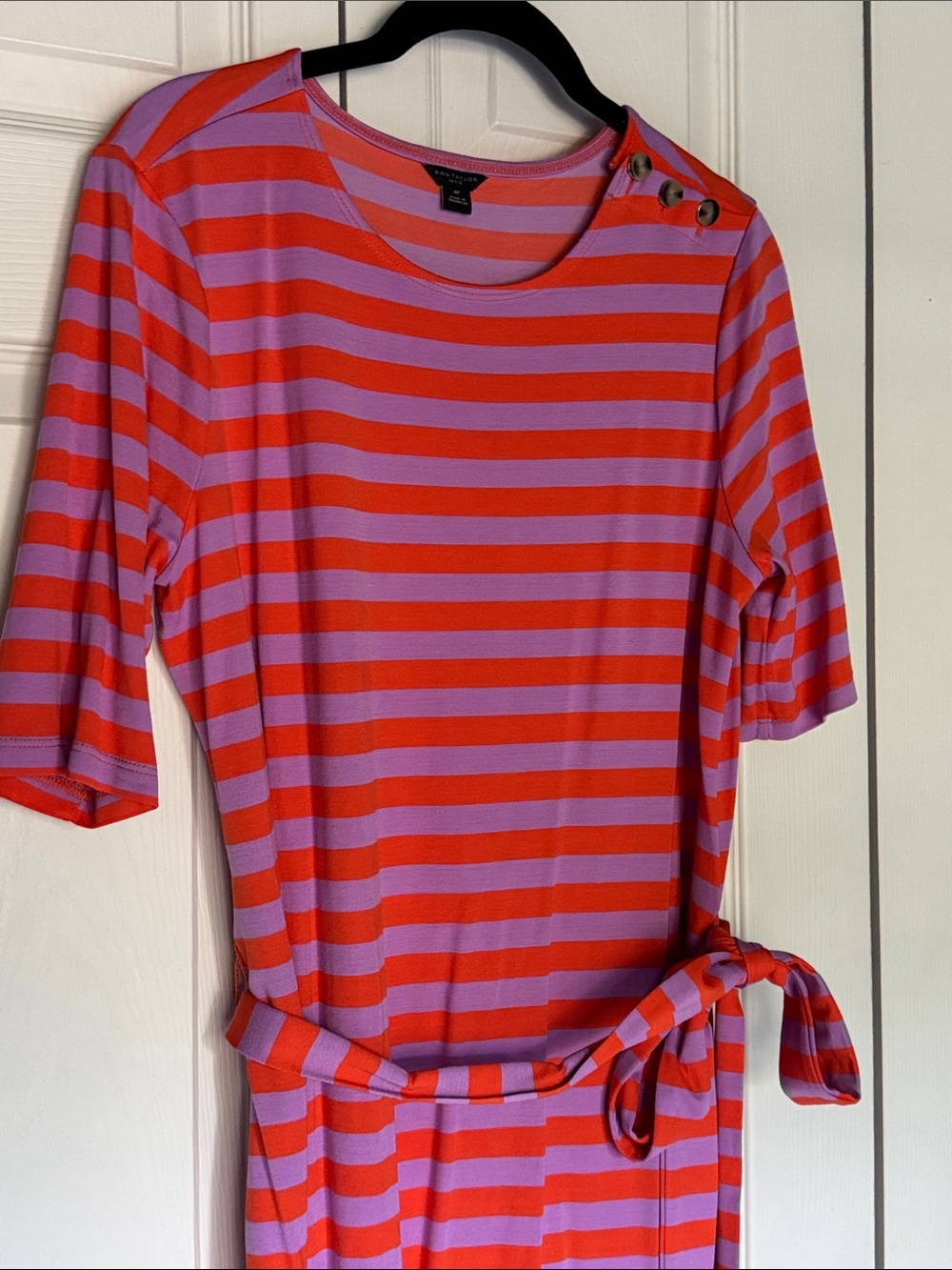 Ann Taylor Striped Midi Dress in Pink and Red with Tie Waist